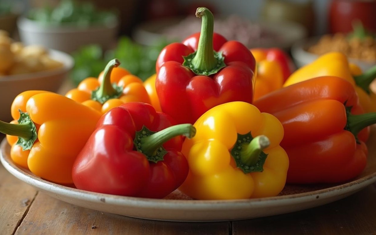 Assiette de poivrons colorés avec des étiquettes d'allergènes, symbolisant la gestion des allergies alimentaires.