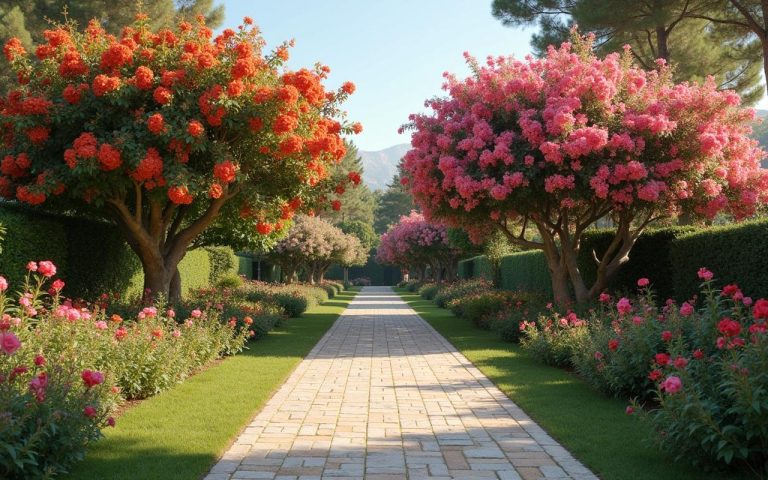 Jardin méditerranéen avec mimosas et plantes non allergisantes comme camélias et géraniums.
