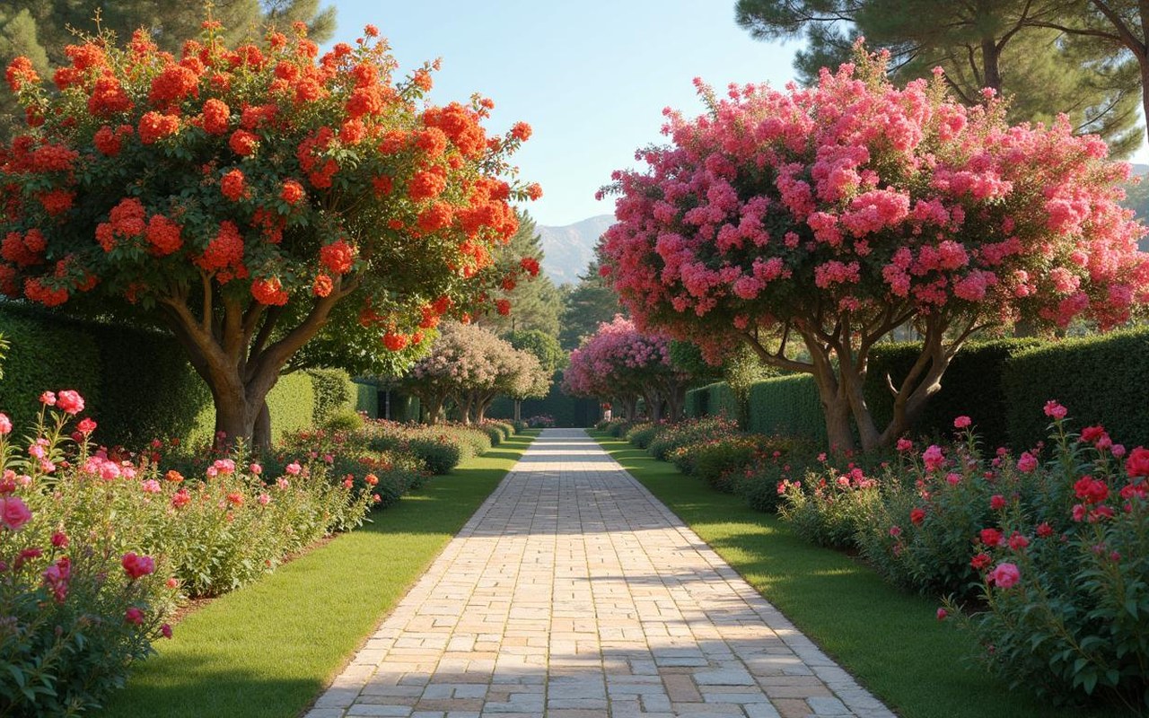 Jardin méditerranéen avec mimosas et plantes non allergisantes comme camélias et géraniums.