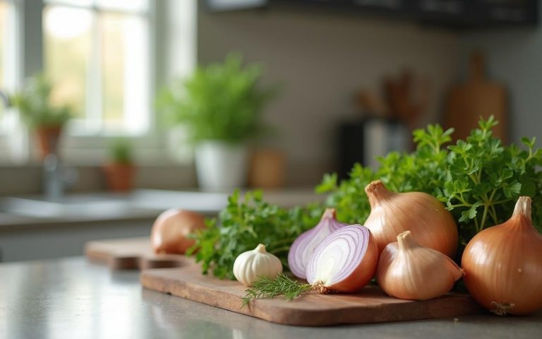 Alternatives culinaires à l'oignon sur un plan de travail moderne.