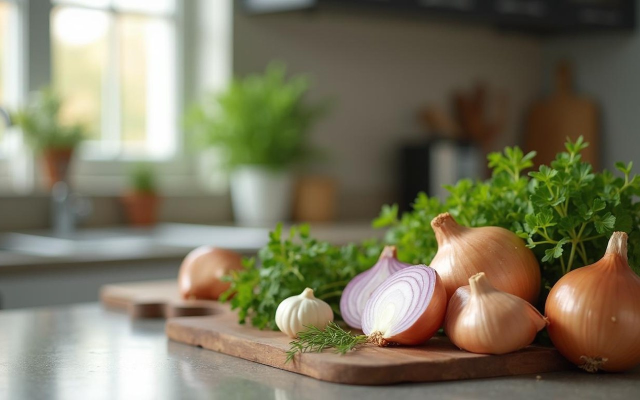 Alternatives culinaires à l'oignon sur un plan de travail moderne.