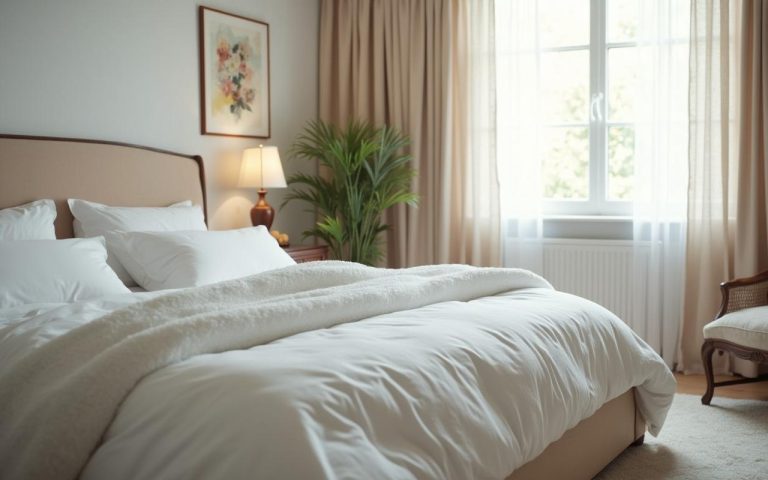 Chambre propre avec literie et meubles rembourrés, illustrant la prévention des allergies aux acariens.