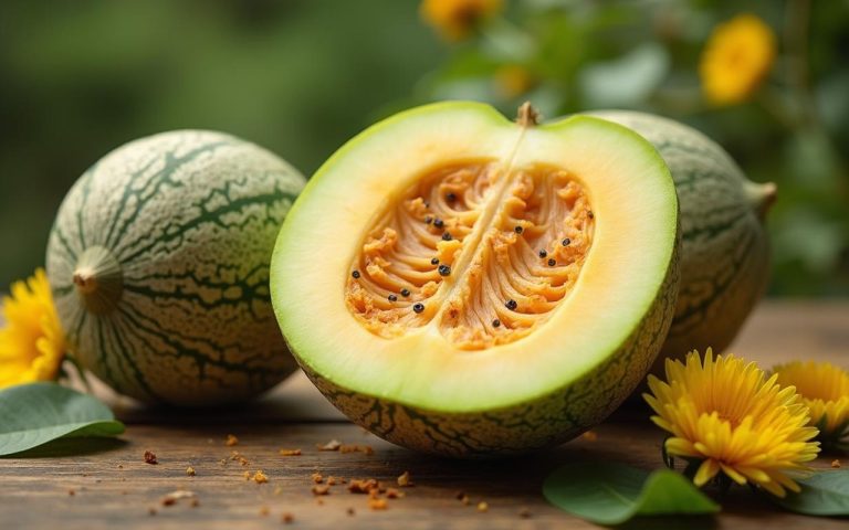 Un melon frais coupé, entouré de fleurs de pollen, illustrant les allergies alimentaires.