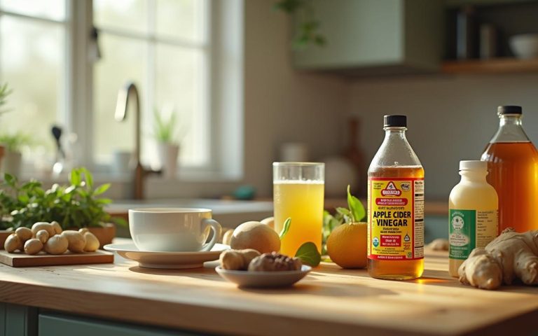 Ingrédients naturels et produits de santé douteux dans une cuisine.