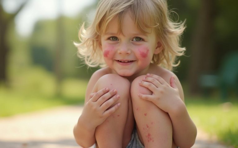 Enfant jouant à l'extérieur avec des papules cutanées visibles, illustrant le syndrome de Gianotti-Crosti.