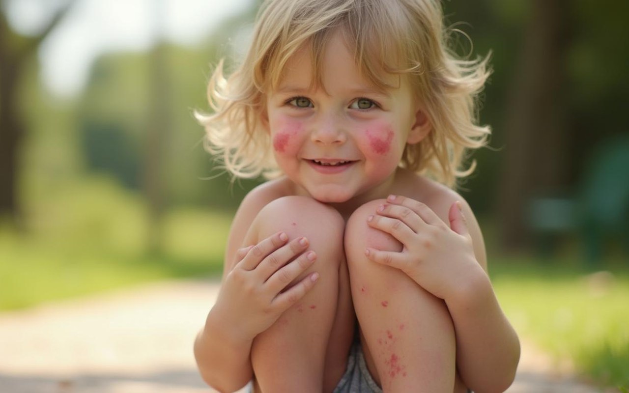 Enfant jouant à l'extérieur avec des papules cutanées visibles, illustrant le syndrome de Gianotti-Crosti.