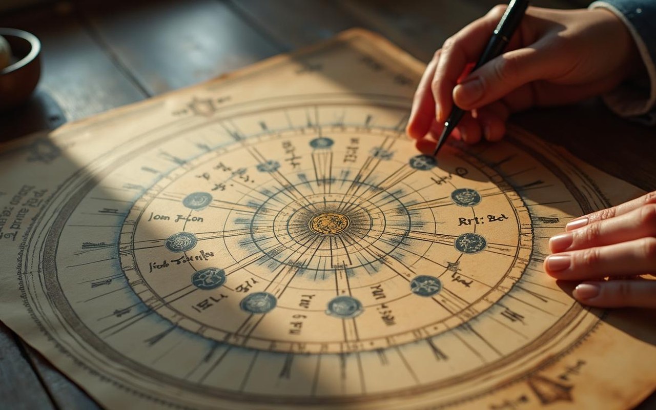Carte du ciel astrologique illustrant les positions des planètes et des signes du zodiaque.