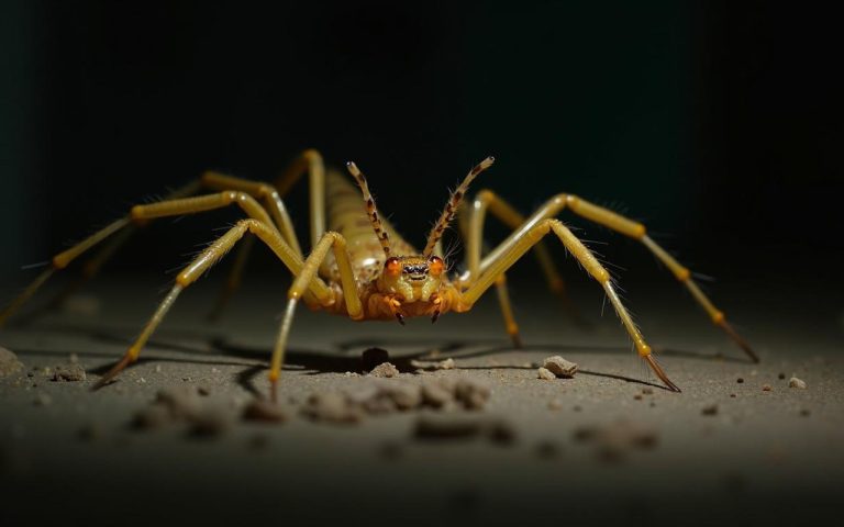Scutigera coleoptrata chassant dans une maison la nuit, mettant en avant ses longues pattes.