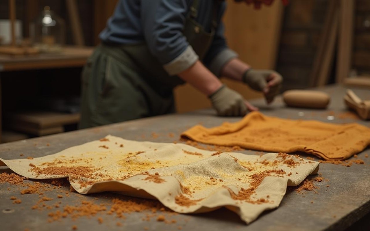 Atelier de bricolage avec chiffons imbibés d'huile de lin étalés pour sécher en toute sécurité.