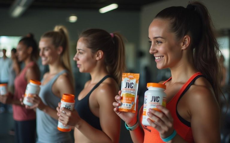 Groupe diversifié de jeunes adultes utilisant des suppléments JVC Muscu dans une salle de musculation.
