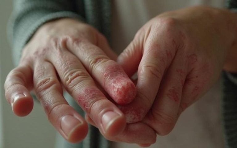 Main droite grattant une peau rouge, symbole de démangeaisons cutanées.