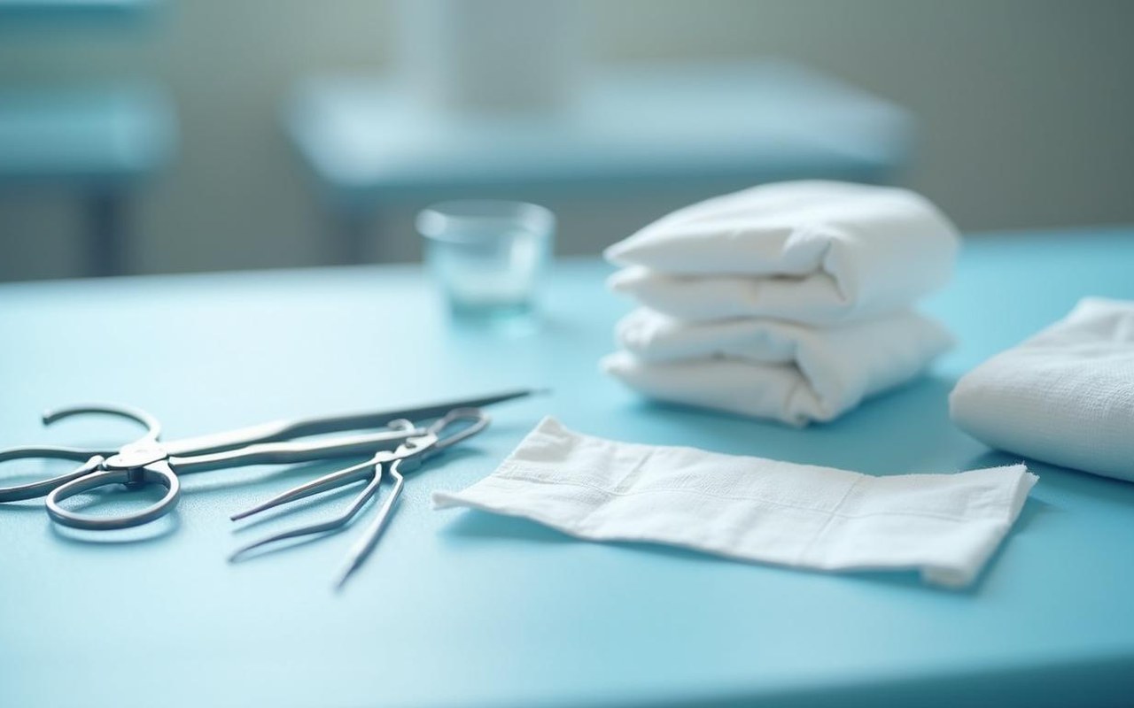 Kit stérile pour retirer des points de suture sur une table propre.