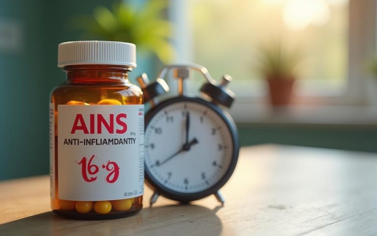 Flacon de médicaments anti-inflammatoires et chronomètre sur une table.