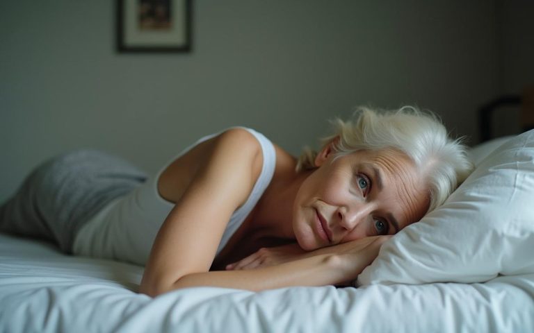 Femme réfléchissant sur l'apparence de ses bajoues en position allongée.