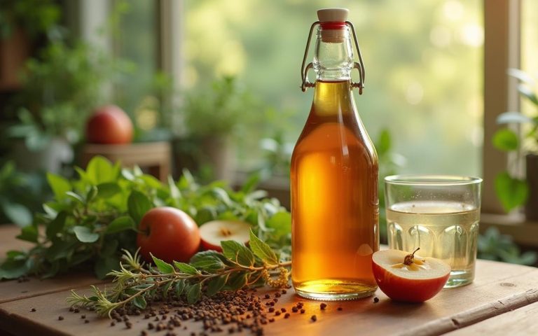 Bouteille de vinaigre de cidre avec des herbes médicinales sur une table en bois
