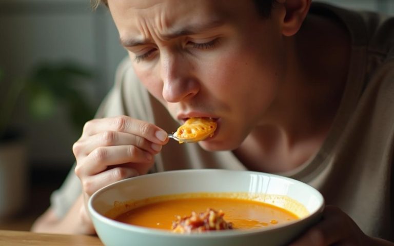 Personne dégustant une soupe chaude avec une expression de douleur au palais