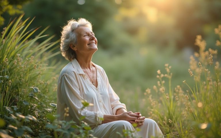 Femme sereine entourée de plantes médicinales, symbolisant le soutien à la ménopause.