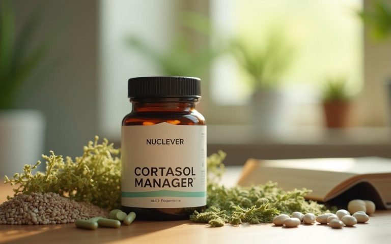 Flacon de Nuclever Cortisol Manager avec ingrédients naturels sur une table en bois.