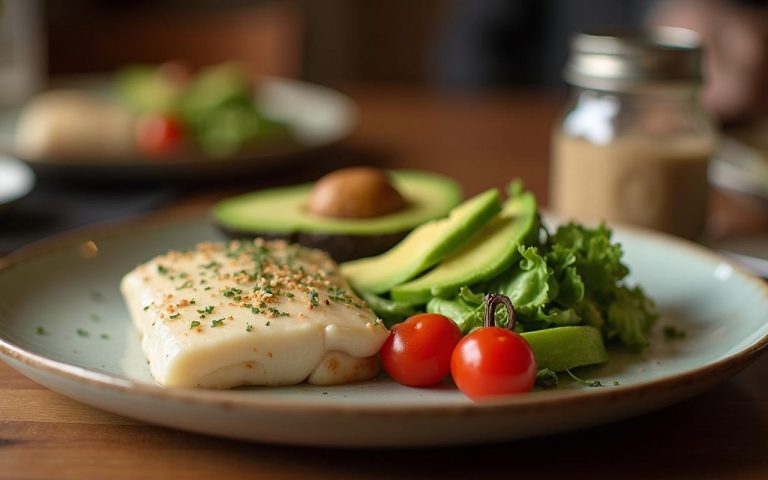Dîner léger avec avocat, légumes frais et poisson blanc dans une ambiance chaleureuse.