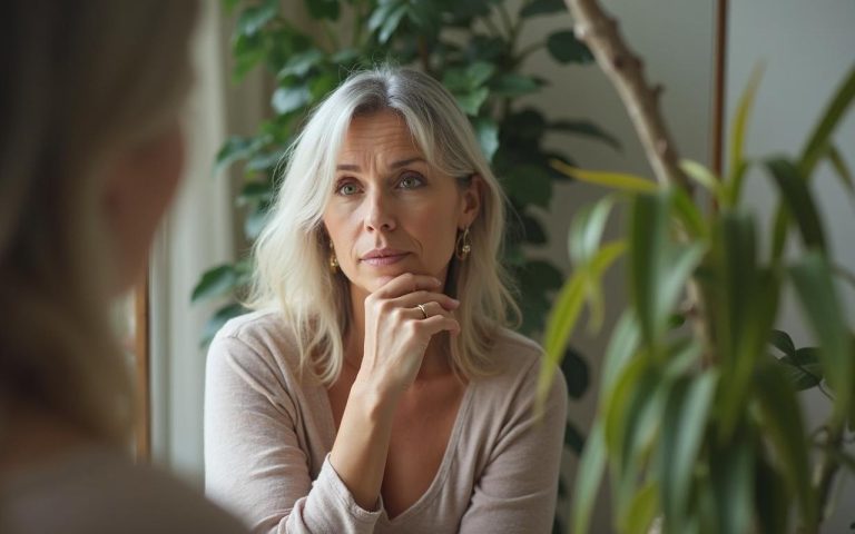 Femme d'âge mûr réfléchissant sur les changements corporels liés à la ménopause.