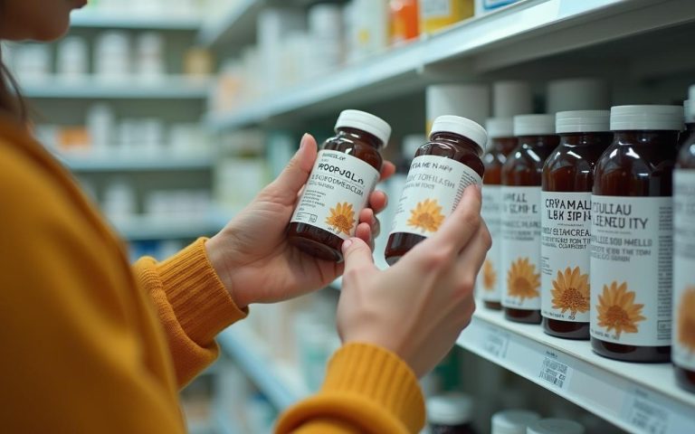 Une personne examine des produits à base de propolis en pharmacie, mettant en avant les risques.
