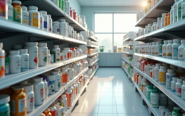 Pharmacie avec des étagères vides, symbolisant le retrait de Schoum du marché.