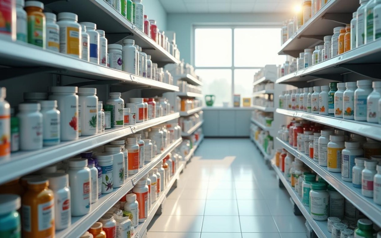 Pharmacie avec des étagères vides, symbolisant le retrait de Schoum du marché.