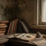 Coin sombre d'une maison avec des livres et des signes d'humidité, illustrant des insectes transparents.