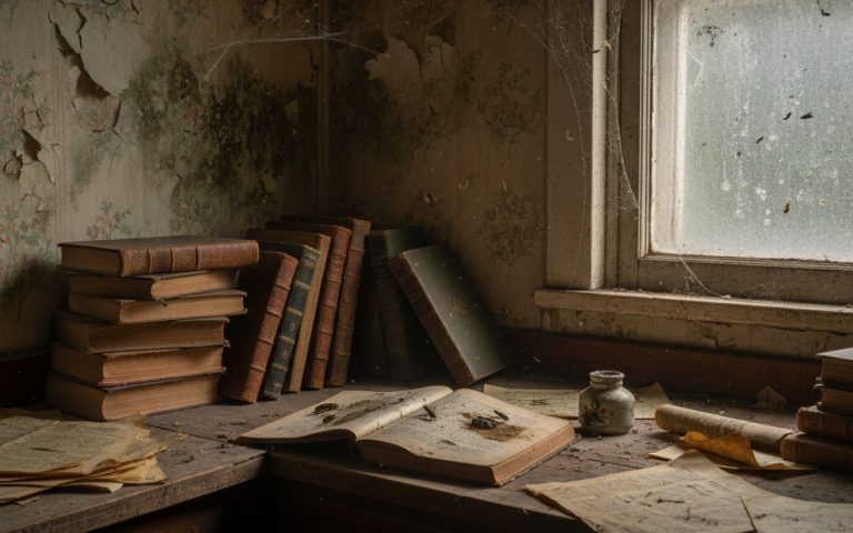 Coin sombre d'une maison avec des livres et des signes d'humidité, illustrant des insectes transparents.