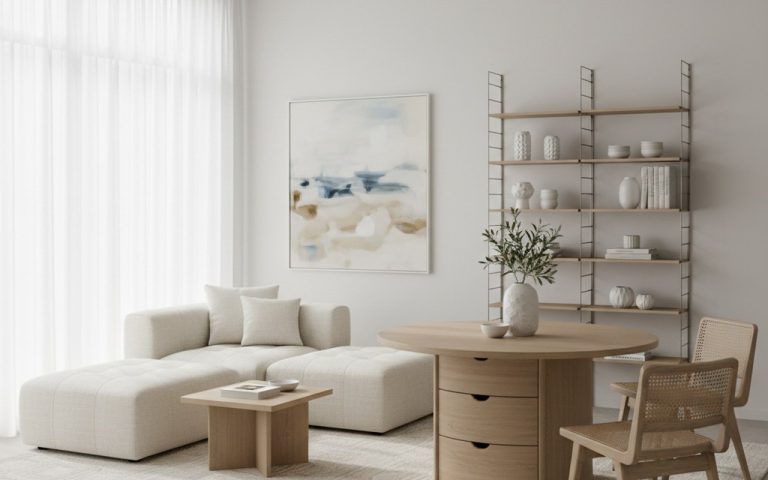 Intérieur minimaliste lumineux avec mobilier multifonctionnel et décoration épurée.