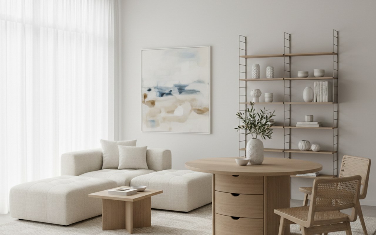 Intérieur minimaliste lumineux avec mobilier multifonctionnel et décoration épurée.