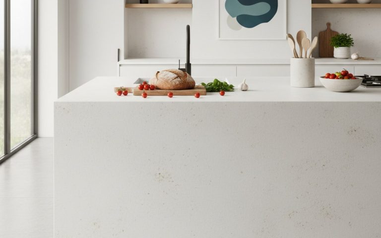 Plan de travail en céramique dans une cuisine moderne avec des ustensiles de cuisine.