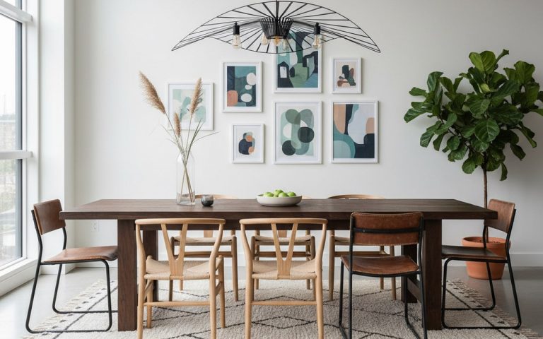Salle à manger moderne avec chaises design scandinaves et industrielles autour d'une table en bois massif.