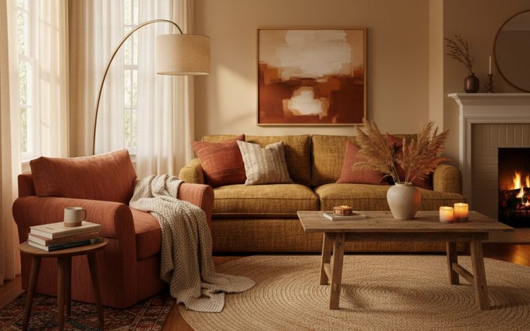 Salon cosy avec des couleurs chaudes et un coin lecture confortable.