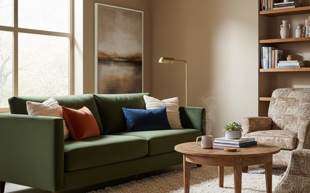 Salon cosy avec canapé confortable et éclairage chaleureux