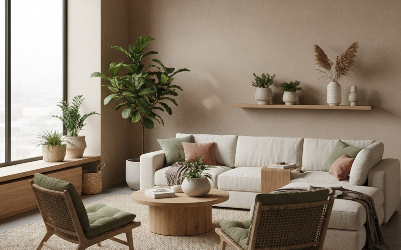 Intérieur moderne avec décoration tendance 2024-2025, matériaux naturels et ambiance chaleureuse.