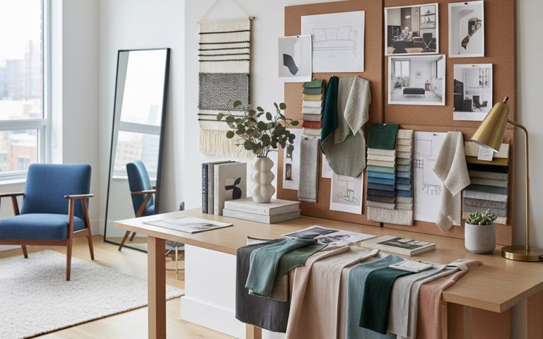 Intérieur moderne avec échantillons de tissus et mood boards pour la décoration d'intérieur.
