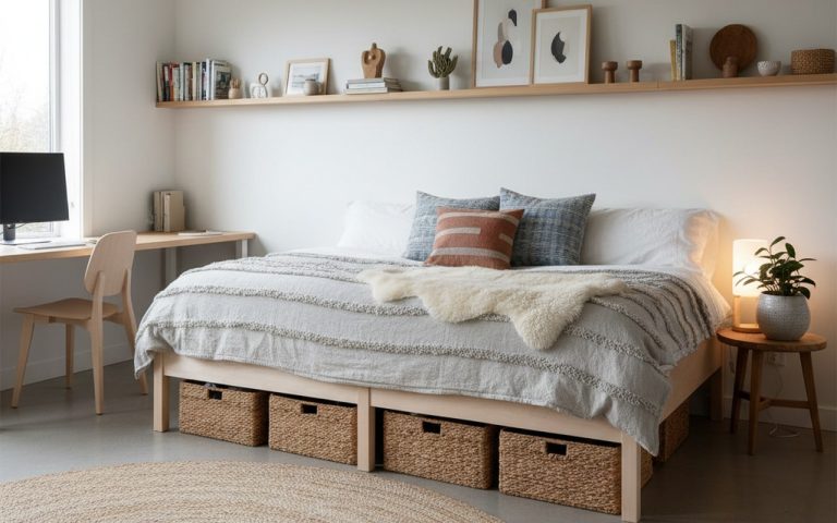 Chambre avec lit simple en bois massif et décoration scandinave, optimisant l'espace.
