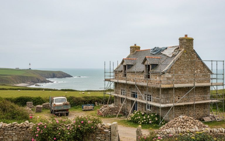 Petite maison en bord de mer en Normandie, avec des éléments de rénovation visibles.
