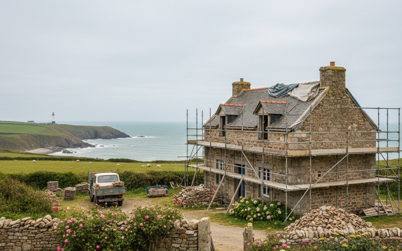 Petite maison en bord de mer en Normandie, avec des éléments de rénovation visibles.