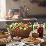 Table de cuisine avec des plats équilibrés pour un plan nutritif personnalisé.