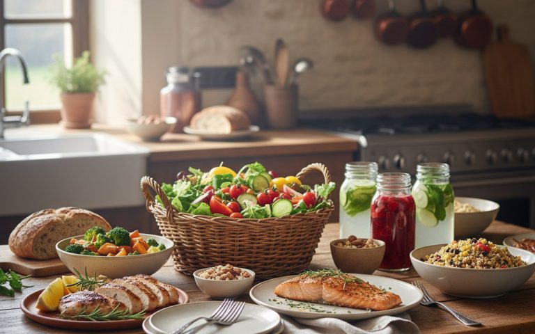 Table de cuisine avec des plats équilibrés pour un plan nutritif personnalisé.
