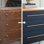 Transformation d'une commode vintage en meuble moderne avec peinture et nouvelles poignées.