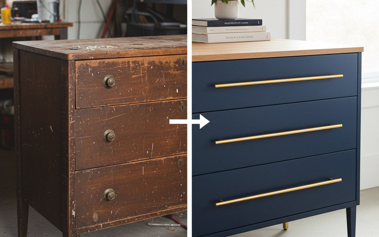 Transformation d'une commode vintage en meuble moderne avec peinture et nouvelles poignées.