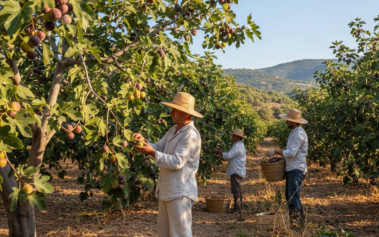 Verger de figuiers en pleine récolte avec des fruits mûrs en France.
