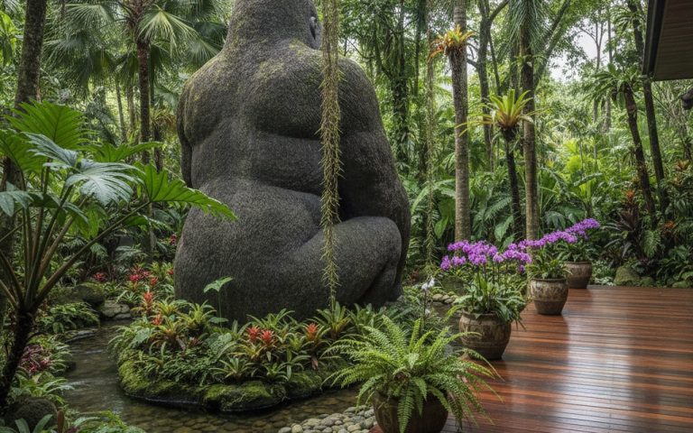 Statue gorille en pierre dans un jardin luxuriant avec des plantes tropicales.