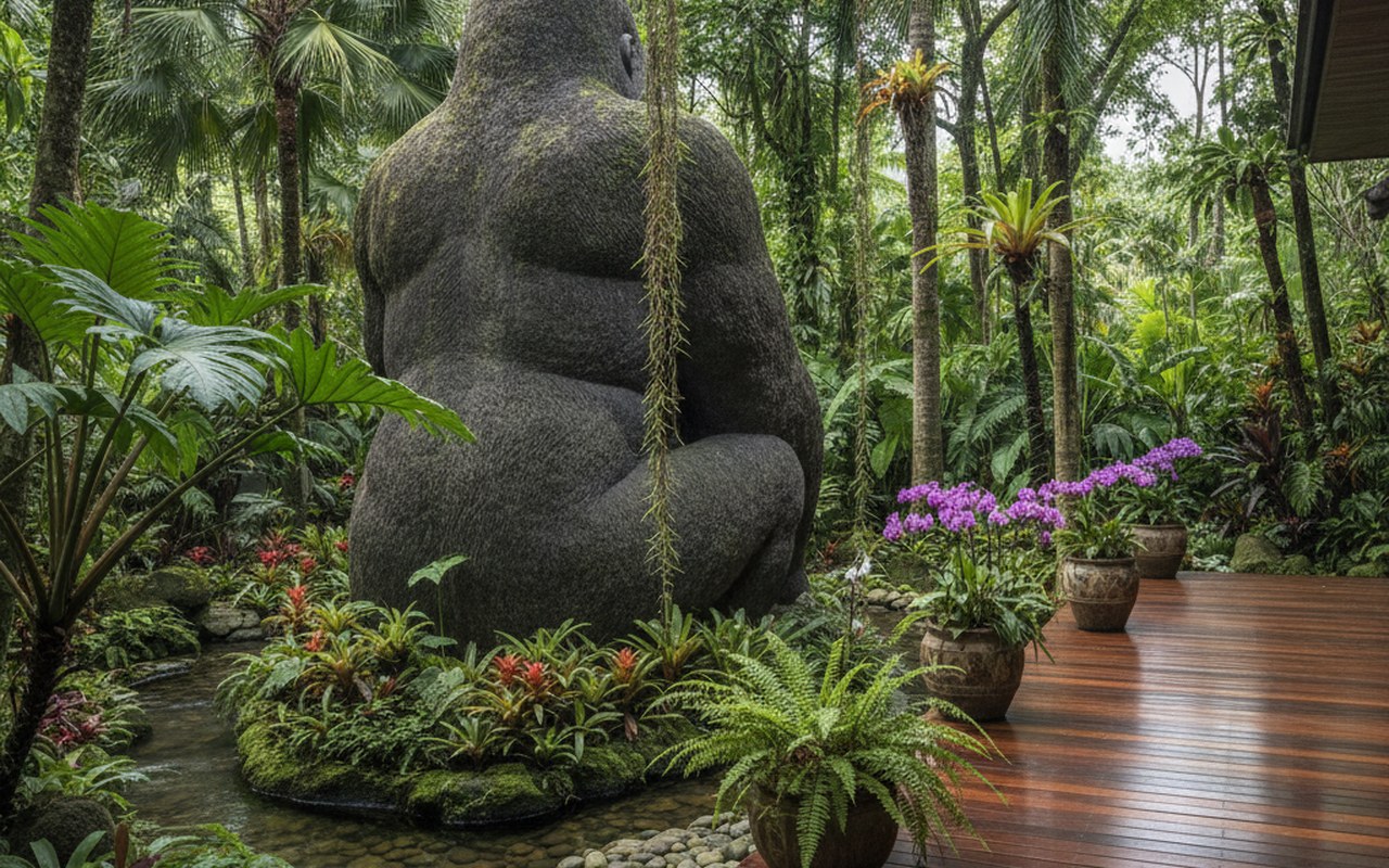 Statue gorille en pierre dans un jardin luxuriant avec des plantes tropicales.