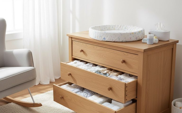 Table à langer commode en bois clair avec tiroirs ouverts dans une chambre d'enfant.