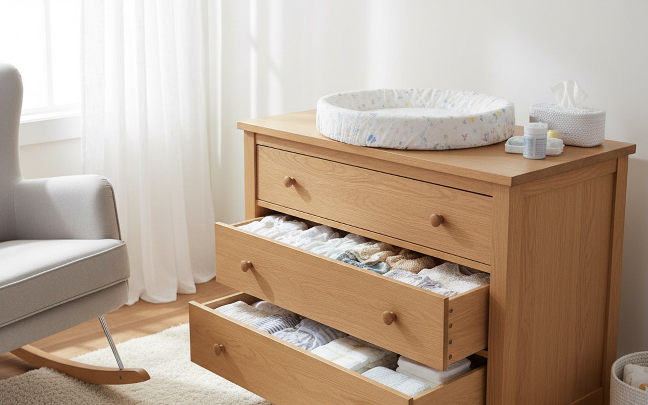 Table à langer commode en bois clair avec tiroirs ouverts dans une chambre d'enfant.