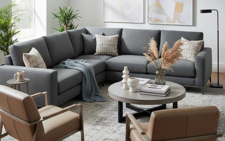 Intérieur moderne avec meubles en tissu enduit, sofa et accessoires décoratifs.